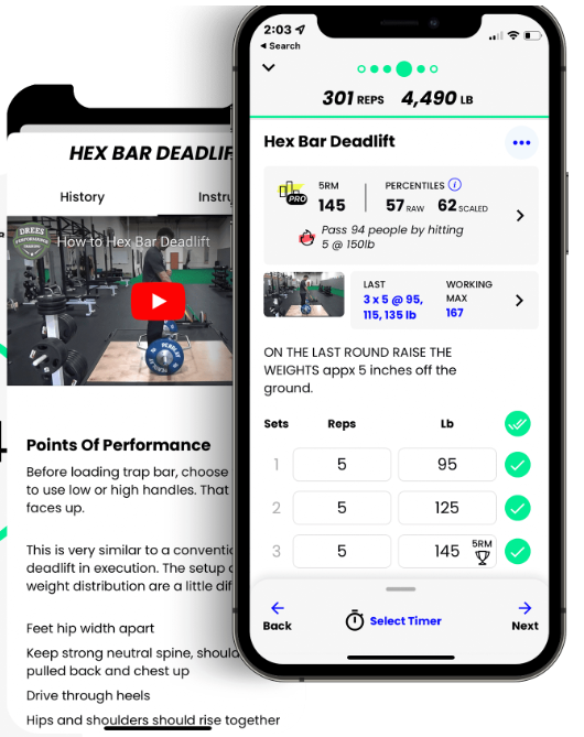 Smartphone displaying a fitness app with workout details and video instructions.