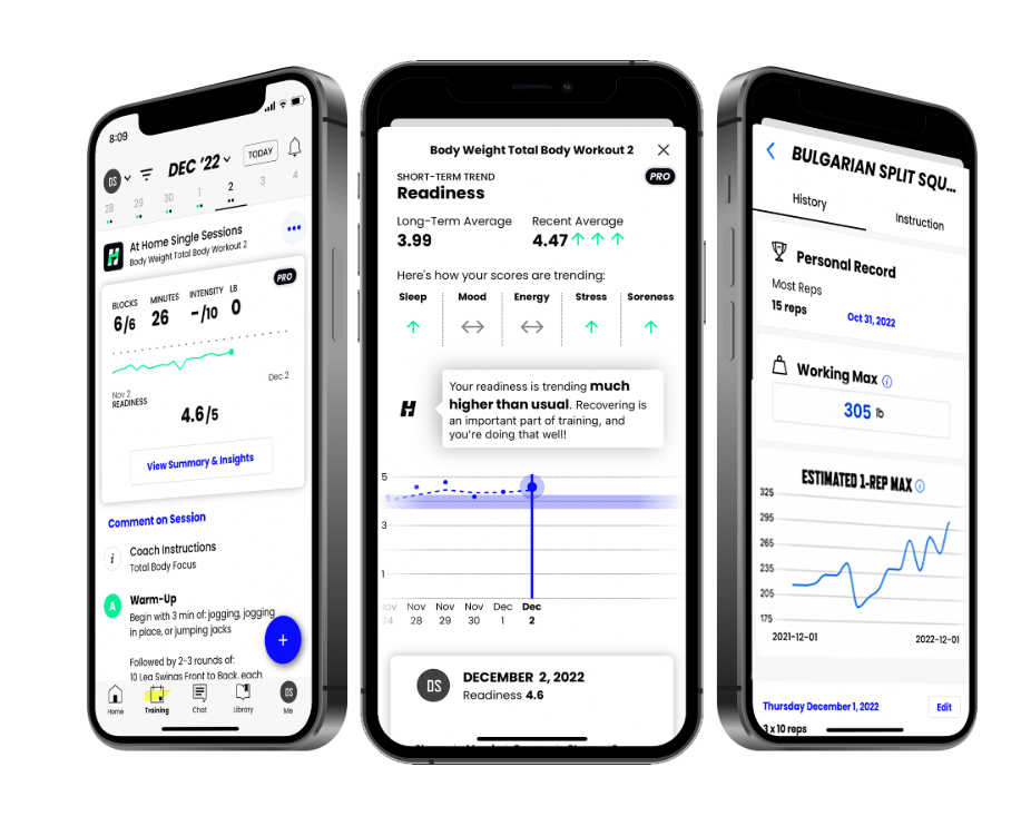 Three smartphone screens displaying a fitness app with workout plans and readiness scores.