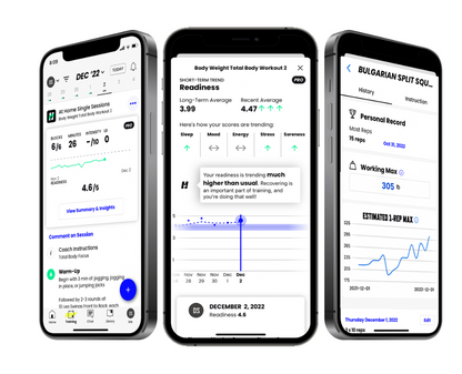 Three smartphone screens displaying a fitness app with workout plans and readiness scores.