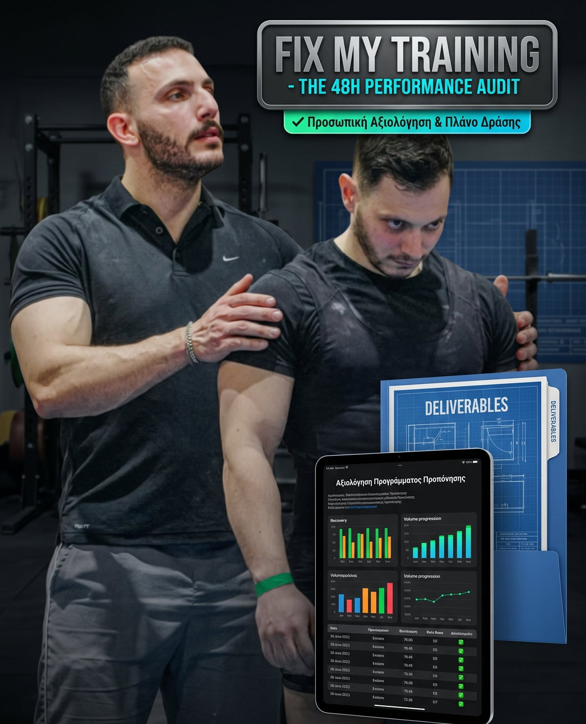 Two men in a gym setting with a tablet showing performance analytics and a blue folder labeled 'DELIVERABLES'. Text overlay reads 'FIX MY TRAINING - THE 48H PERFORMANCE AUDIT'.