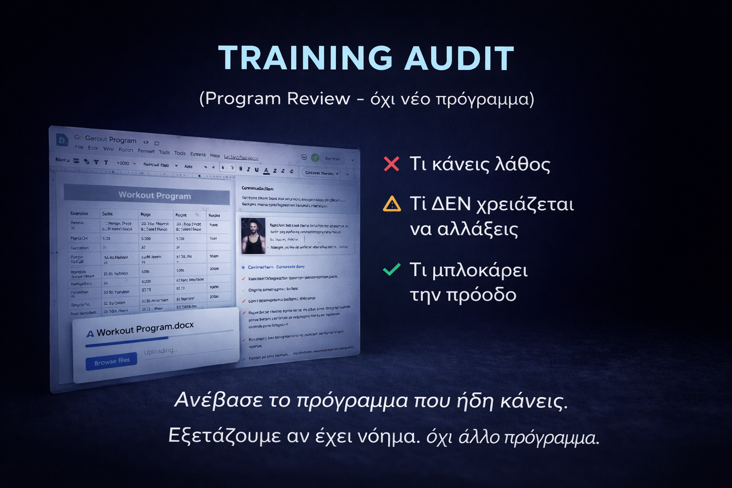Training audit. Program. Workout regiment. Αξιολόγηση για πρόγραμμα γυμναστικής - προπόνησης με βάση τον στόχο. Evidence-based προσέγγιση.