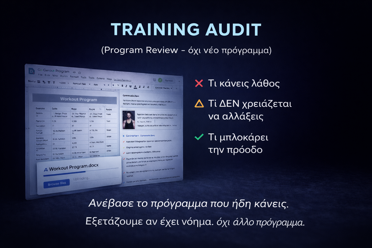 Training audit. Program. Workout regiment. Αξιολόγηση για πρόγραμμα γυμναστικής - προπόνησης με βάση τον στόχο. Evidence-based προσέγγιση.