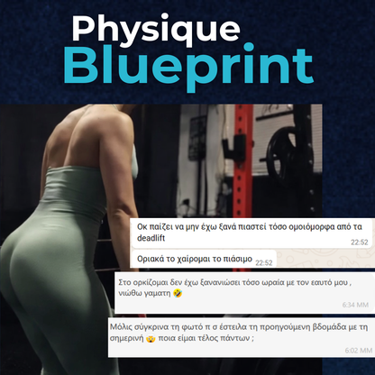 Person in green athletic wear working out with text overlay 'Physique Blueprint' on a dark background